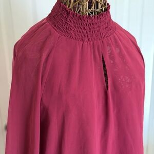 Smocked High-Neck Blouse in Deep Rose